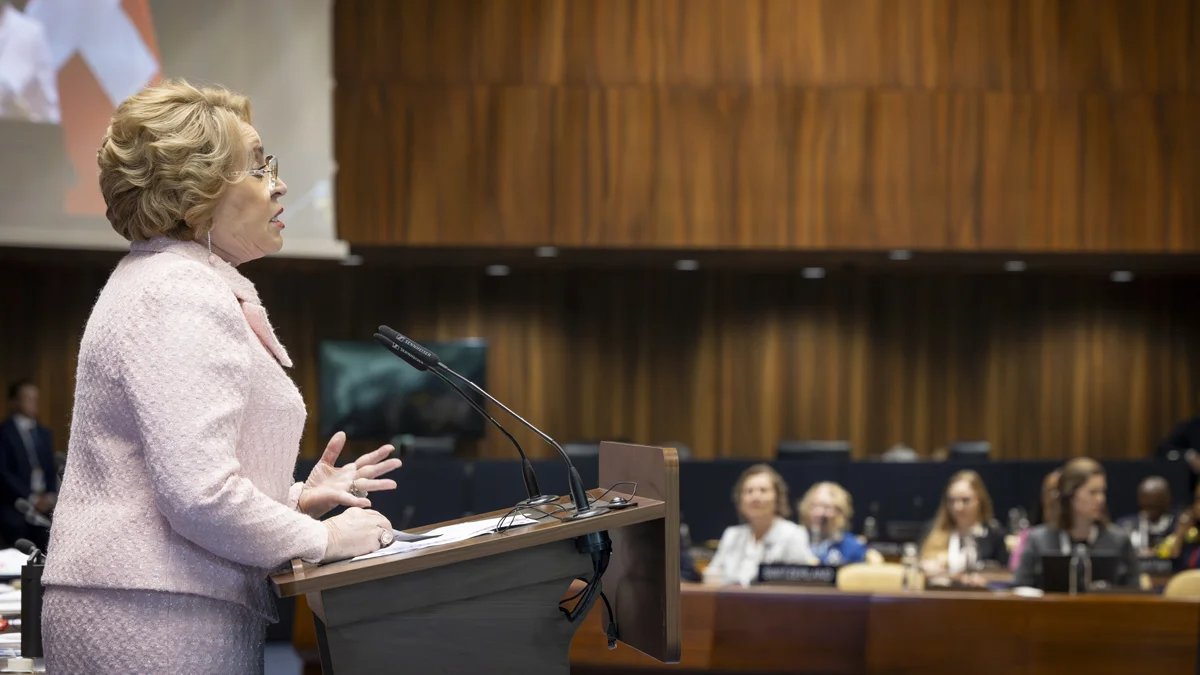 Valentina Matviyenko delivers a speech at UN Headquarters in Geneva, Switzerland. Photo: Magali Girardin / EPA