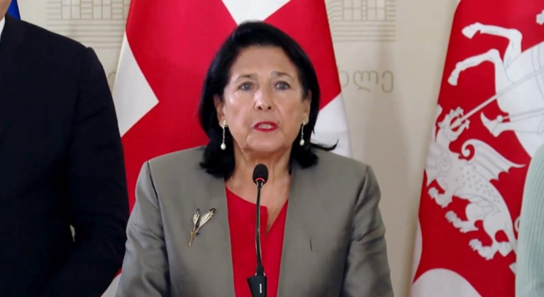 Salome Zourabichvili addresses the press on Sunday. Screenshot: Salome Zourabichvili / X