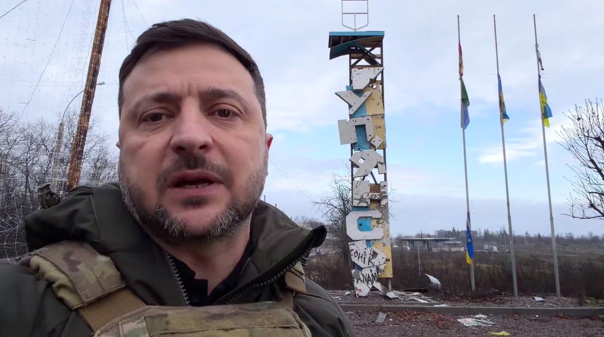 Ukrainian President Volodymyr Zelensky on the outskirts of Kupyansk, 12 December 2026. Screenshot: Zelensky / Telegram
