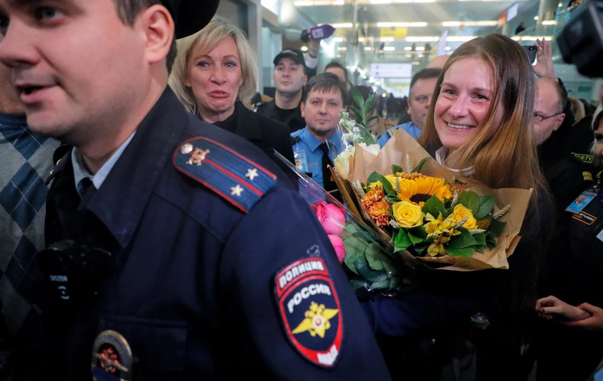 Maria Butina arrives back in Russia, 26 October 2019. Photo: Sergey Ilnitsky / EPA-EFE