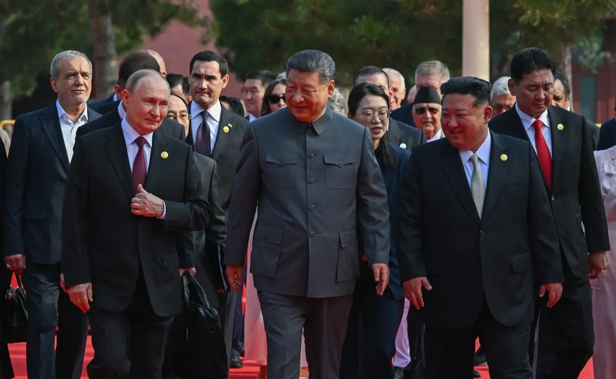 Vladimir Putin, Chinese President Xi Jinping and North Korean leader Kim Jong Un arrive at Beijing’s Tiananmen Square, 3 September 2025. Photo: Kremlin Press Service
