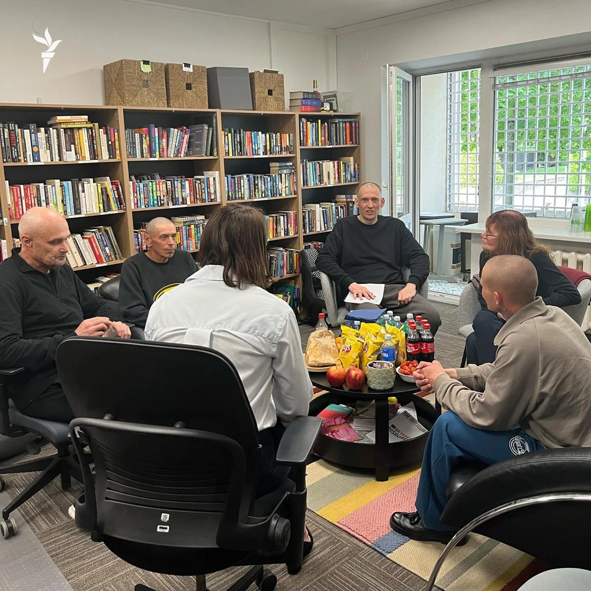 Siarhei Tsikhanouski and other Belarusian political prisoners following their release. Photo: Radio Svaboda