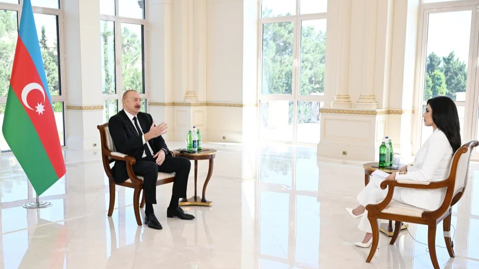 Azerbaijani President Ilham Aliyev gives an interview to the Al-Arabiya TV channel. Photo: Azertac