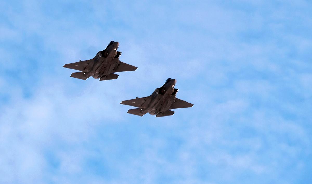 Two Dutch F-35 fighter jets fly over Latvia's Lielvārde Air Base as part of NATO's Baltic Air Policing mission, 21 February 2025. Photo: EPA/VALDA KALNINA